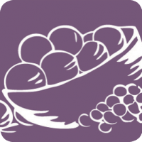 Drawing of plums in a bowl with grapes on the side in white outlines on a purple background